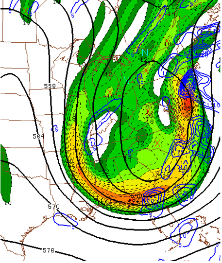 Figure 10: 500mb geopotential height (black countours) and absolute vorticity (color fill) and 700mb – 400mb differential vorticity advection (blue countours) at 23Z (6 PM EST) on December 26, 2010