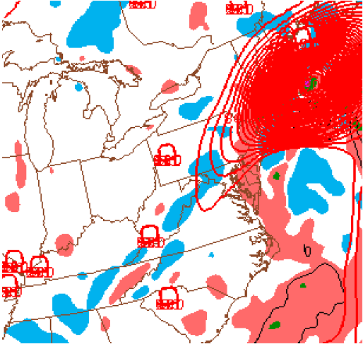 Figure 15: 850mb frontogenesis (red countours) and 800-750mb saturated equivalent potential vorticity (shaded) at 23 Z (6 PM EST) on December 26, 2010.  Source: SPC Mesoanalysis