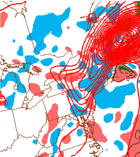 Figure 16: 850mb frontogenesis (red countours) and 800-750mb saturated equivalent potential vorticity (shaded) at 06 Z (1 AM EST) on December 27, 2010.  Source: SPC Mesoanalysis
