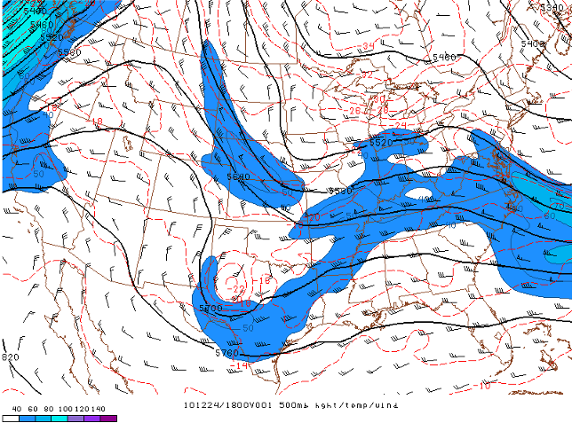 Figure 2: 500mb winds, isotachs, and geopotential height at 18Z (12 PM CST) on December 24, 2010.  Source: SPC Mesoanalysis