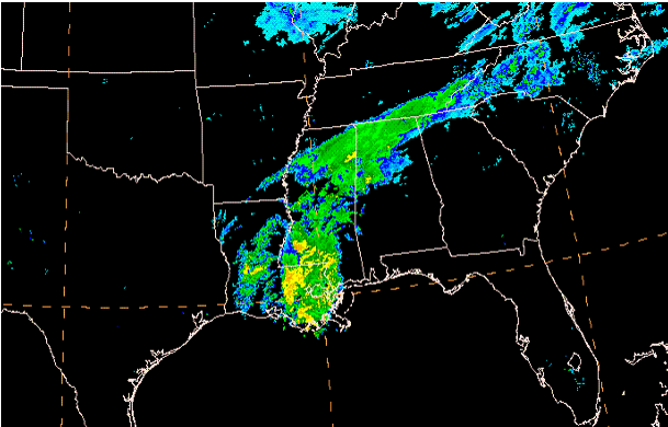 Figure 4: Radar image from 12Z (6 AM CST) on December 25, 2010.  The band across northern Mississippi and Alabama is mostly snow.  Mostly rain is falling across Louisiana and southern Mississippi