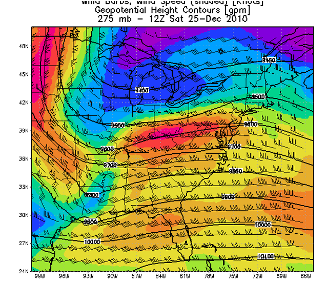 Figure 5: 275mb winds, isotachs, and geopotential height at 12Z (6 AM CST) on December 25, 2010.  Source: North American Regional Reanalysis