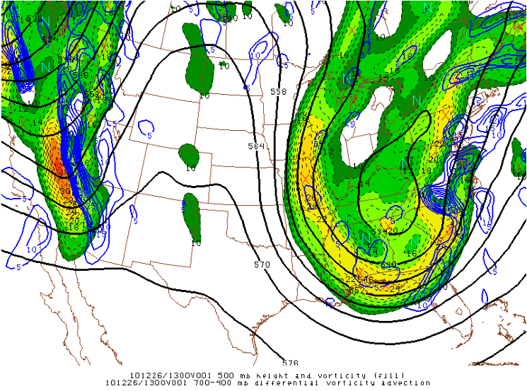 Figure 7: 500mb geopotential height (black countours) and absolute vorticity (color fill) and 700mb – 400mb differential vorticity advection (blue countours) at 12Z (7 AM EST) on December 26, 2010