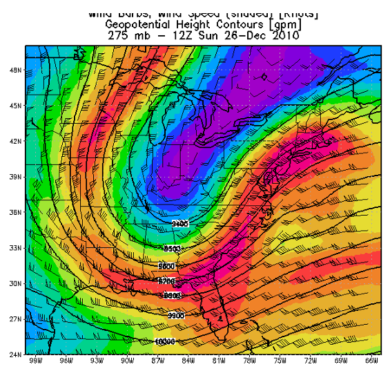 Figure 8: 275mb wind, isotachs, and geopotential height at 12Z (7 AM EST) on December 26, 2010.  Source: North American Regional Reanalysis