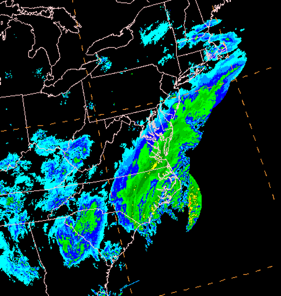 Figure 9: Radar image from 13Z (8 AM EST) on December 26, 2010.  Note the enhanced precipitation across southeastern Virginia and northeastern North Carolina. 